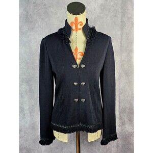 St. John Collection Sz 4 Black Fringe Leather Detail Cardigan Jacket Western EUC